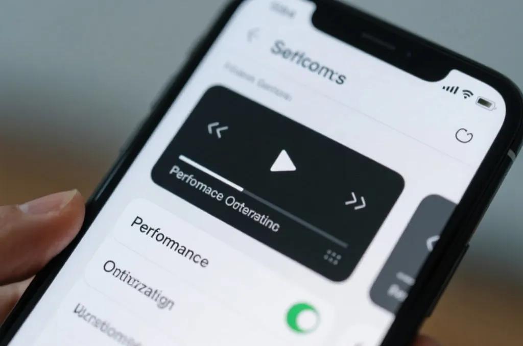 Unbranded smartphone screen showing a generic video player settings menu with an active toggle button for performance optimization, high-tech clean interface, editorial style