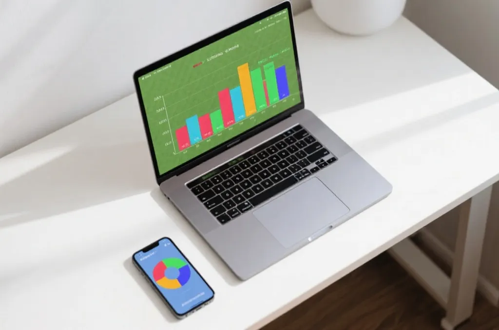 A flat lay of a clean work desk with an open laptop, a smartphone displaying a colorful abstract sports match statistic chart, minimal setup, natural light